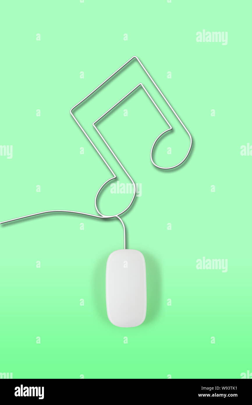 Mouse per computer con il suo filo che fa una nota musicale Foto Stock