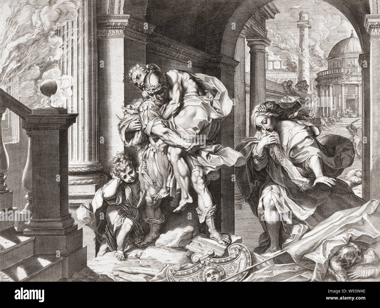 Come Troy brucia dietro di lui eroe troiano Enea e la sua famiglia in fuga. Egli porta il padre Anchise sulla sua schiena. Dopo una stampa basata su un dipinto di Federico Barocci. Foto Stock