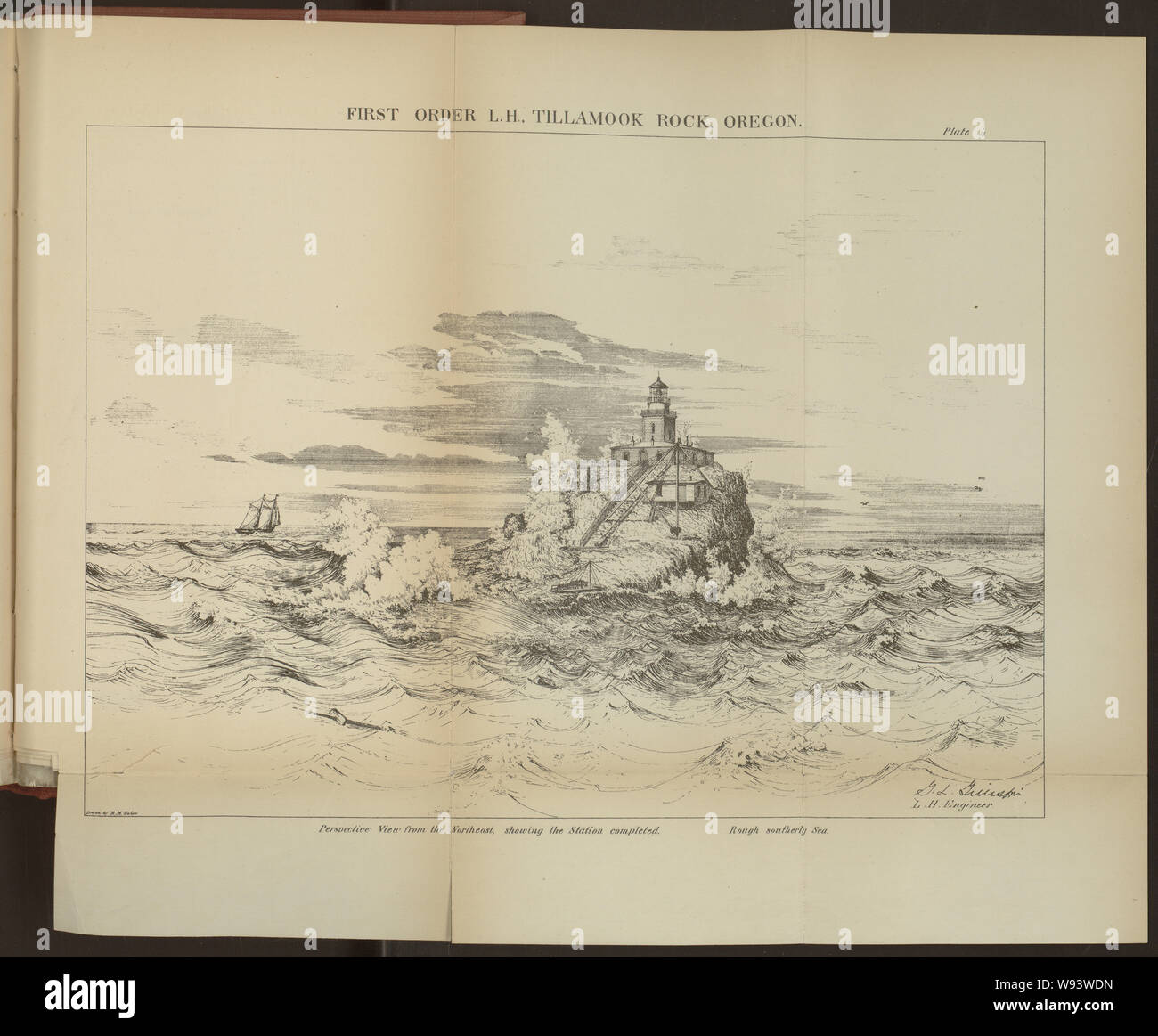 Al di sopra di stampa: Primo Ordine L.H., Tillamook Rock, Oregon Foto Stock