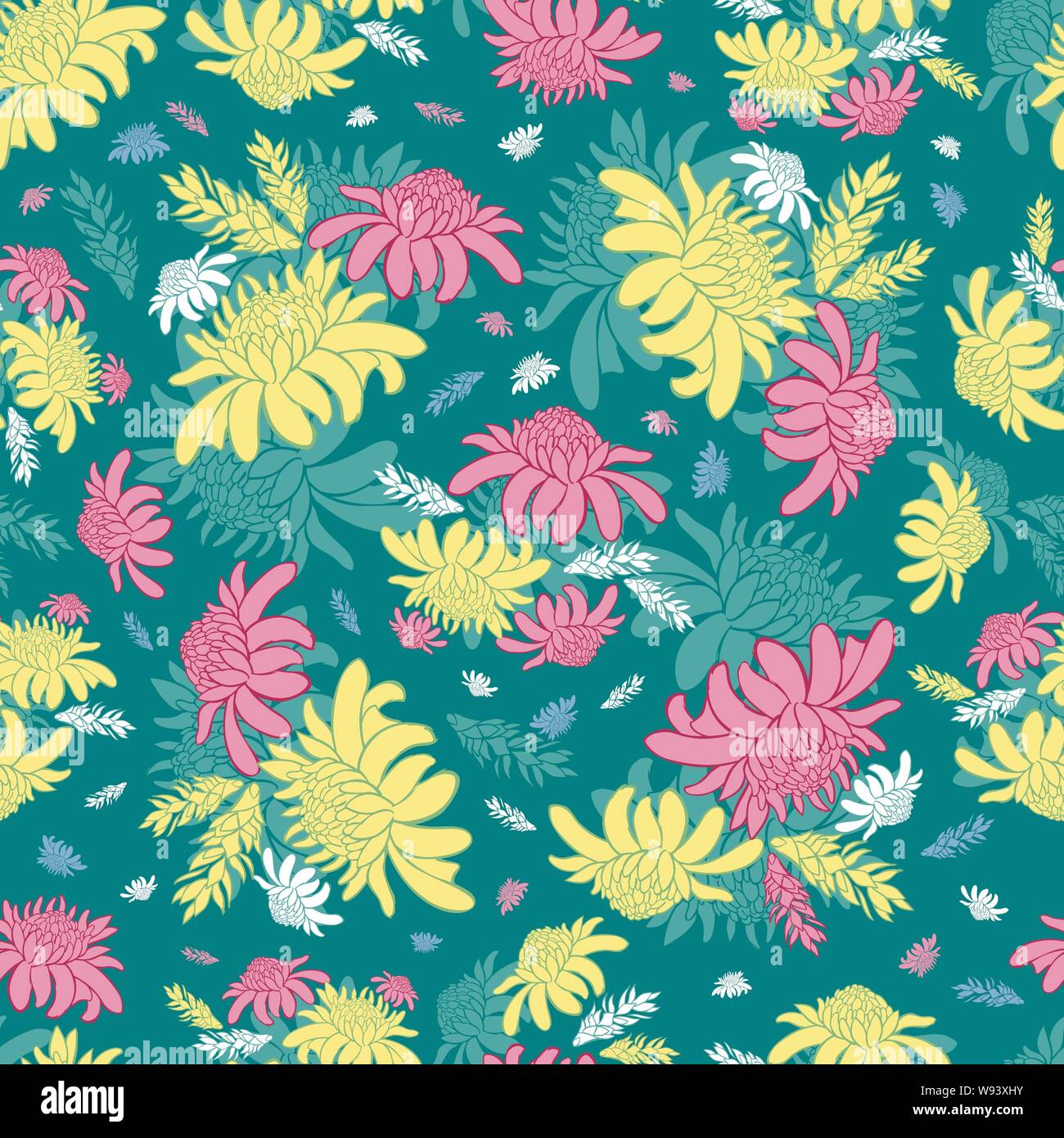 Vettore verde teal seamless pattern con torcia tropicali fiori di zenzero. Adatto per i tessili, confezione regalo e carta da parati. Illustrazione Vettoriale