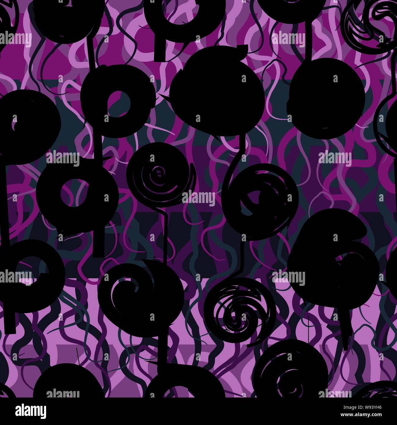 Un vettore di seamless pattern con stilizzata black roses e aggrovigliato viola sfondo striato. Superficie di progettazione di stampa. Illustrazione Vettoriale