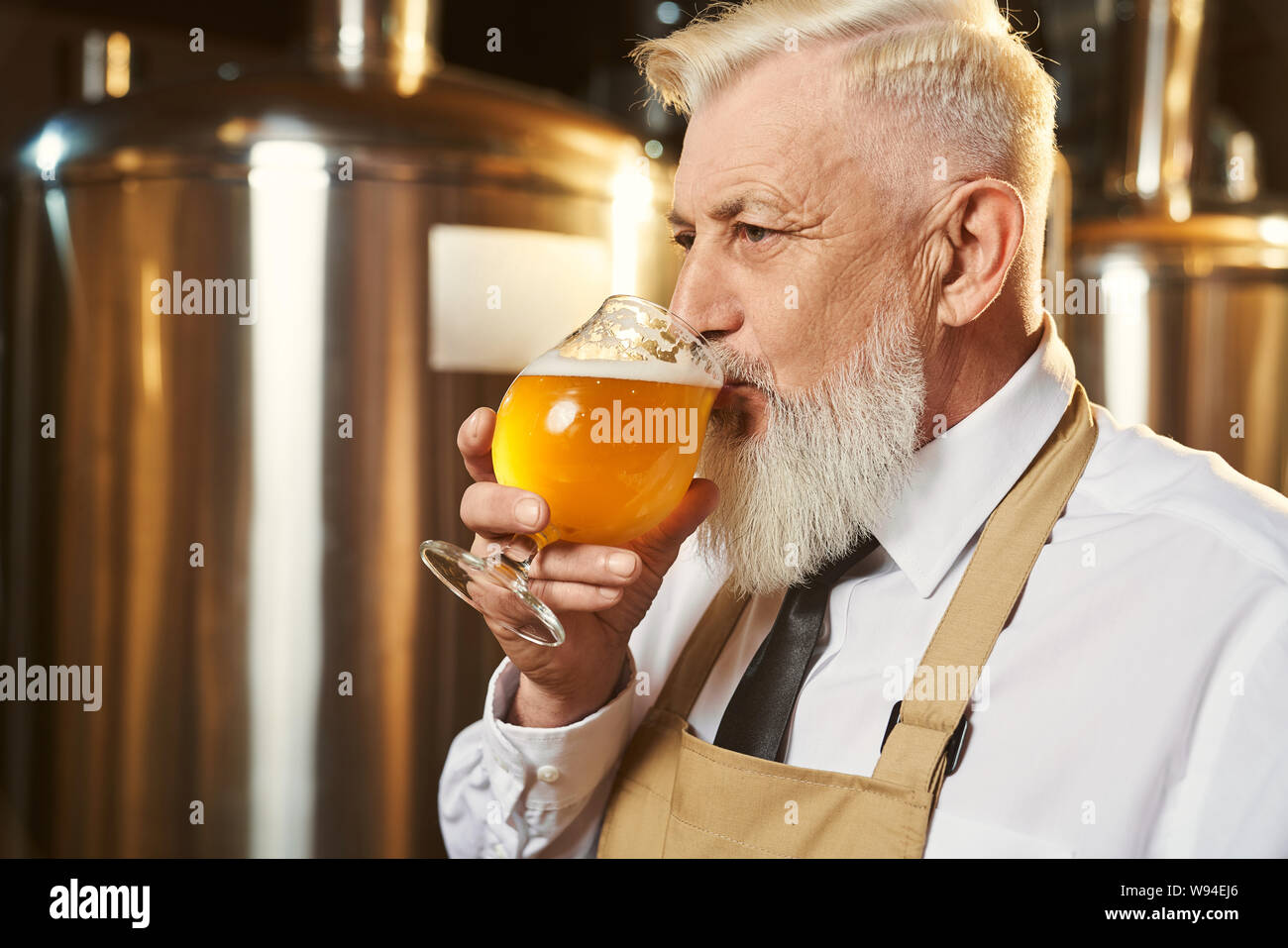 Vista dal lato del barbuto uomo che indossa una camicia bianca e grembiule in piedi in birreria e degustazione di birra di luce. Birraio maschio mantenendo un bicchiere di delizioso golden ale e il consumo di alcol. Concetto di bevanda. Foto Stock