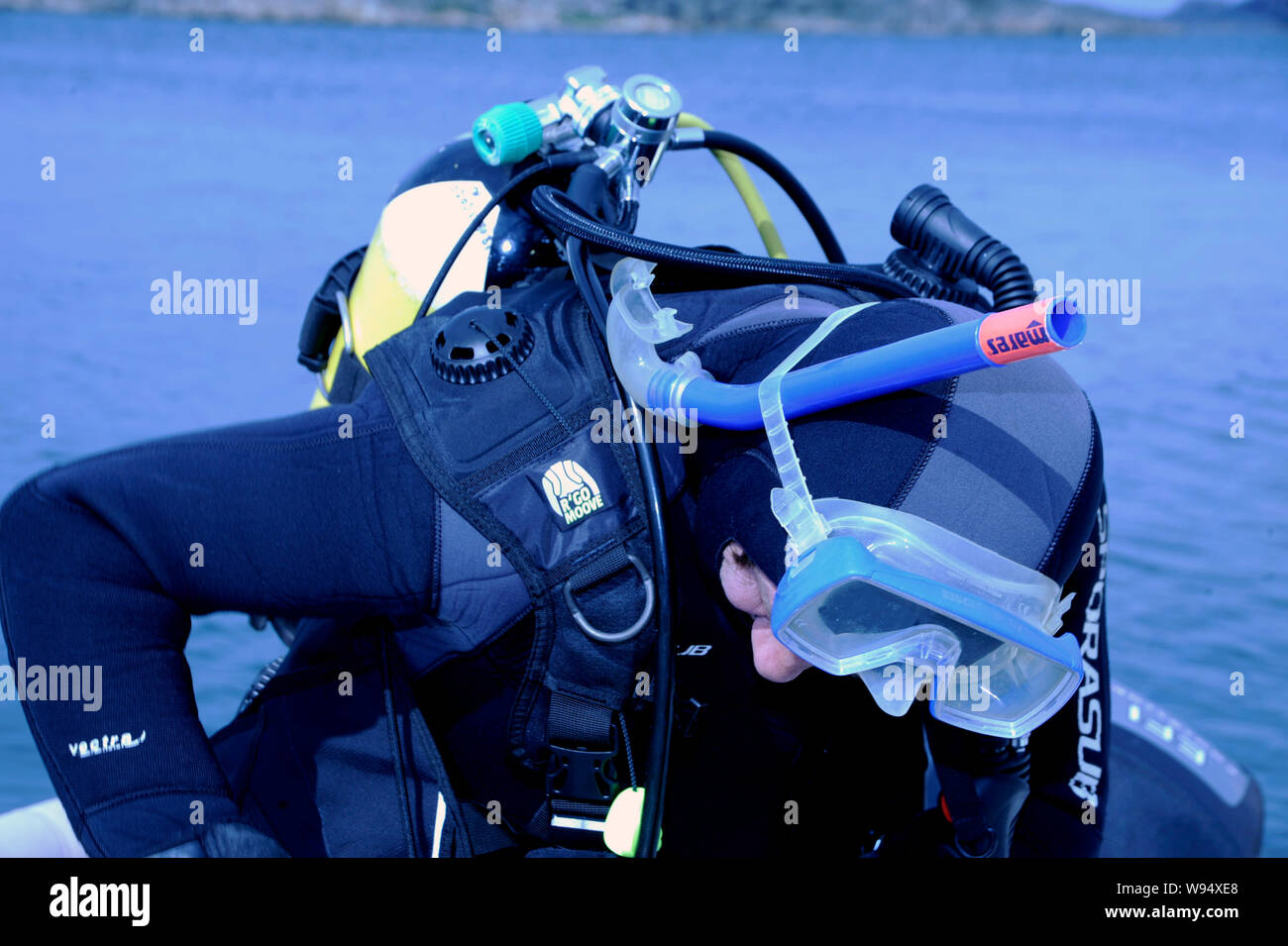 Diving,subacqueo, subacquea, attività, acqua, superficie, attrezzature,profondità, immersioni,lavoro, sul mare oceano, sport, umano, Foto Stock