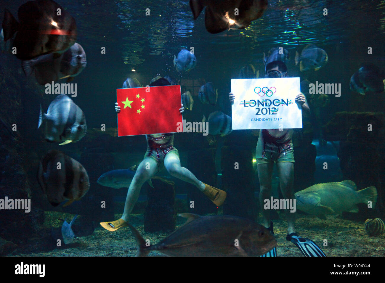 Due sommozzatori tenere la bandiera nazionale cinese e il London logo olimpico in acqua durante un sottomarino di Olimpiadi-evento a tema a Taizhou Ocean World in Ta Foto Stock