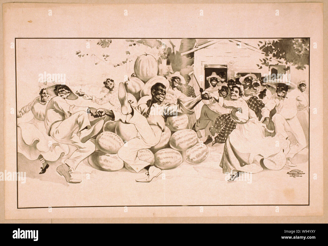 Gli afroamericani ballando intorno a un mucchio di cocomeri Foto Stock