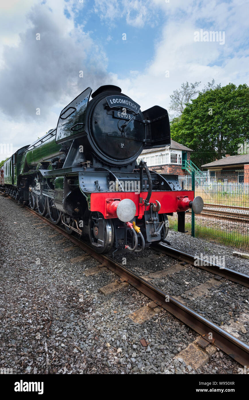 A Shildon Railway Museum il Flying Scotsman locomotiva a vapore è famosa come primo treno a vapore motore per raggiungere ufficialmente 100 miglia per ora Foto Stock