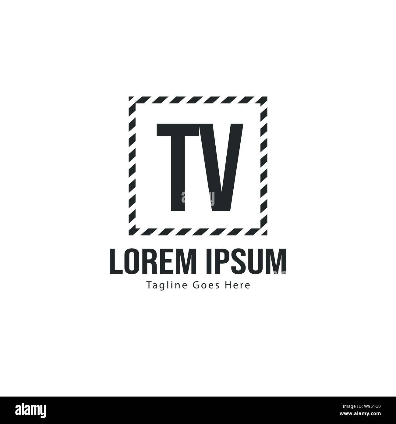 TV iniziale del modello di logo con cornice moderna. TV minimalista lettera logo illustrazione vettoriale design Illustrazione Vettoriale