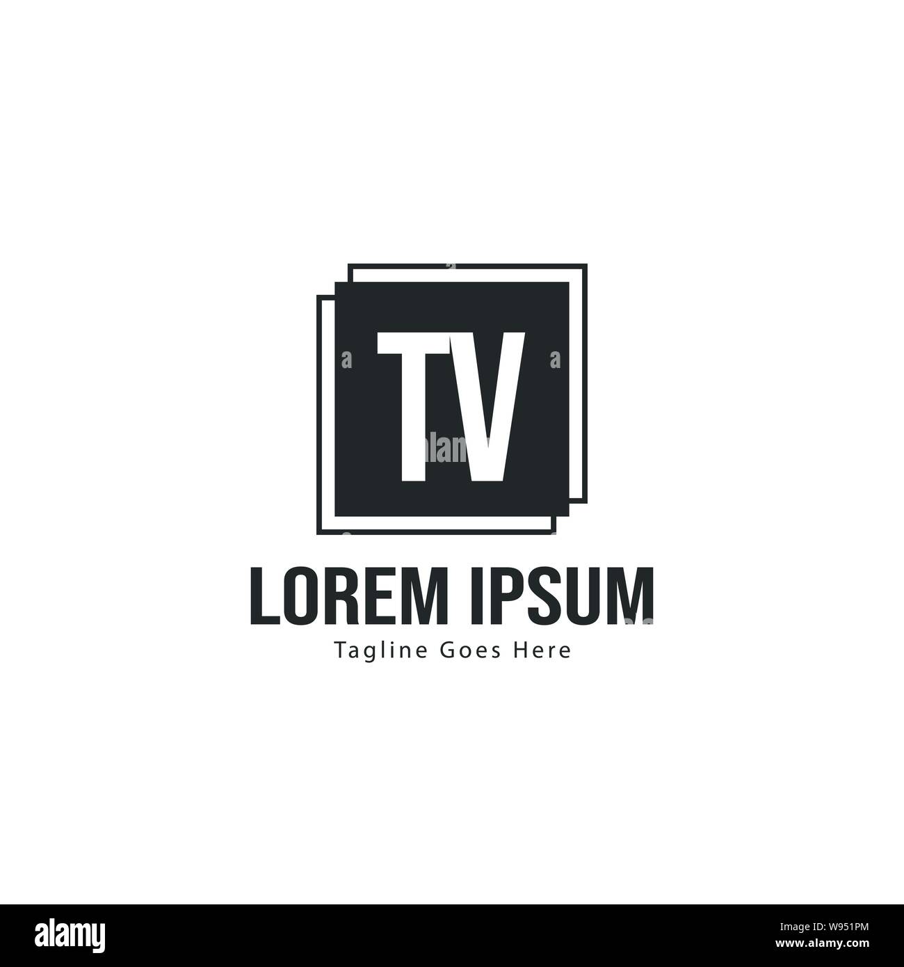 TV iniziale del modello di logo con cornice moderna. TV minimalista lettera logo illustrazione vettoriale design Illustrazione Vettoriale