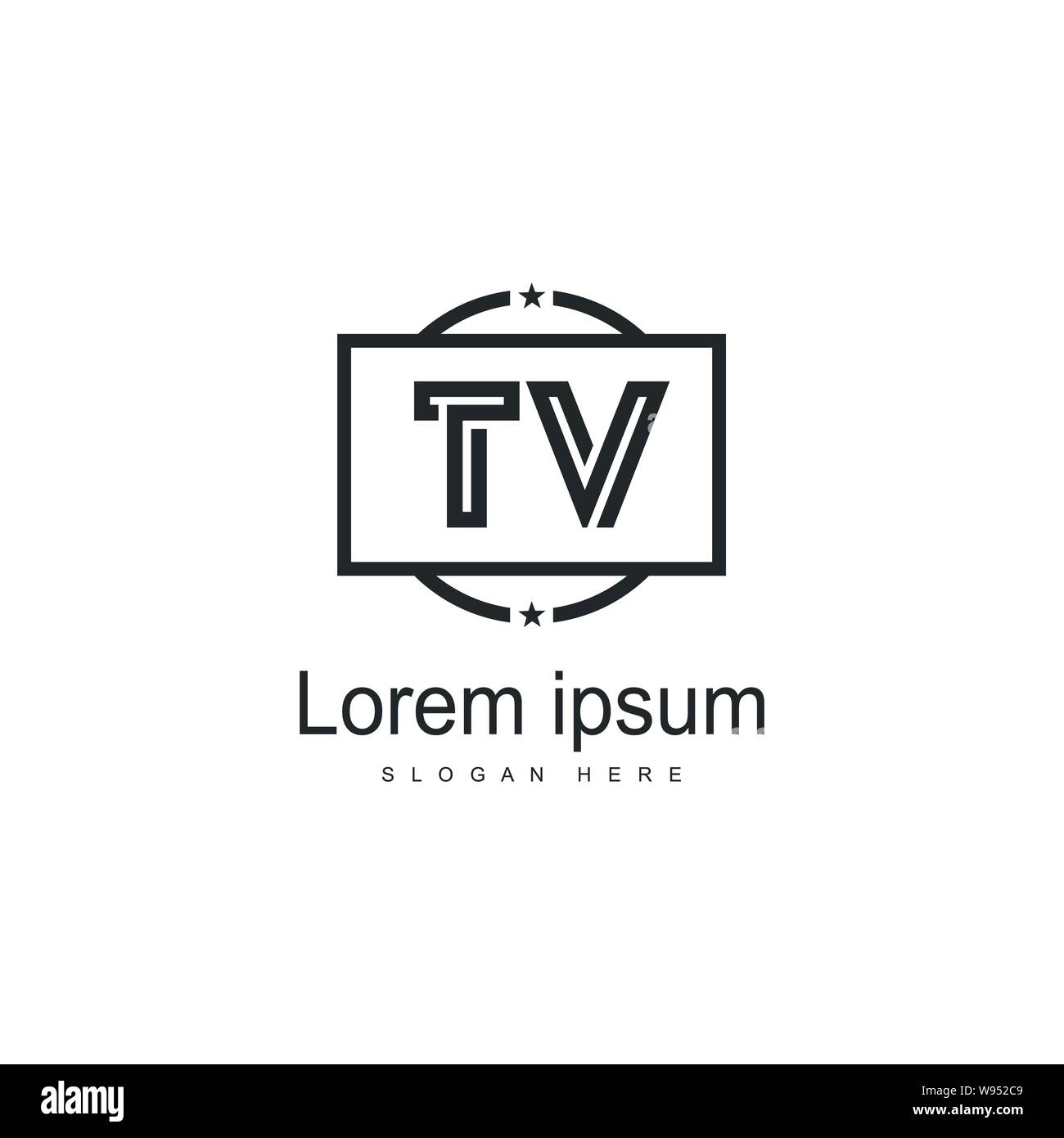 TV iniziale del modello di logo con cornice moderna. TV minimalista lettera logo illustrazione vettoriale design Illustrazione Vettoriale