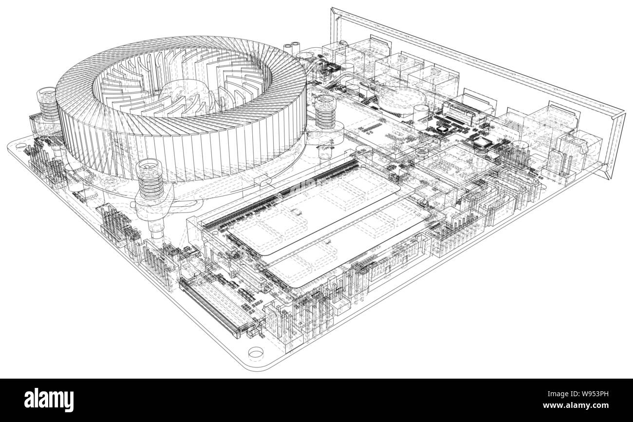 Scheda di circuito. Calcolatore elettronico tecnologia hardware. Vettore di rendering 3D Illustrazione Vettoriale