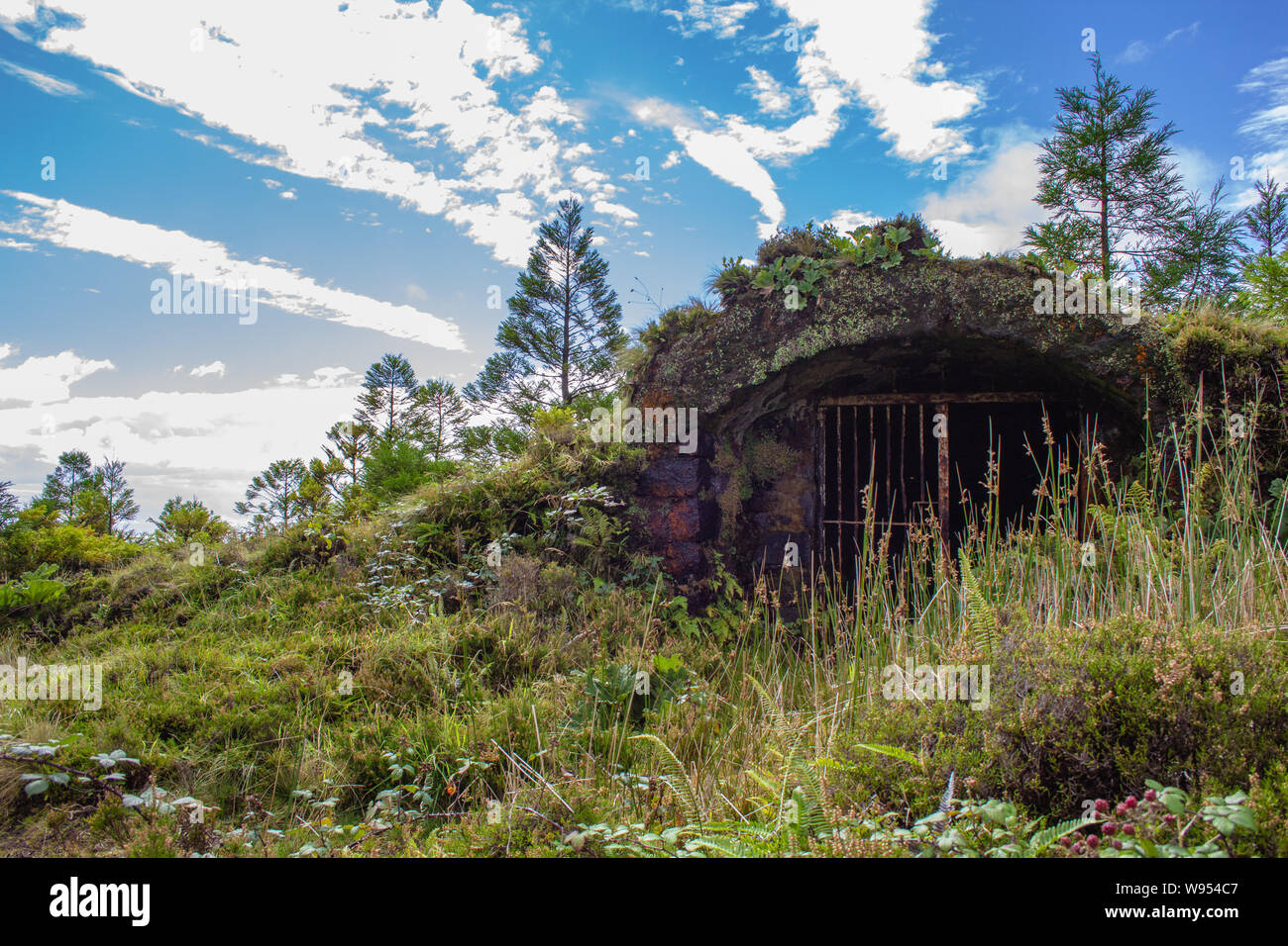 Poco abbandonato bunker accanto a Lagoa Rasa, isola Sao Miguel, Azzorre, Portogallo Foto Stock