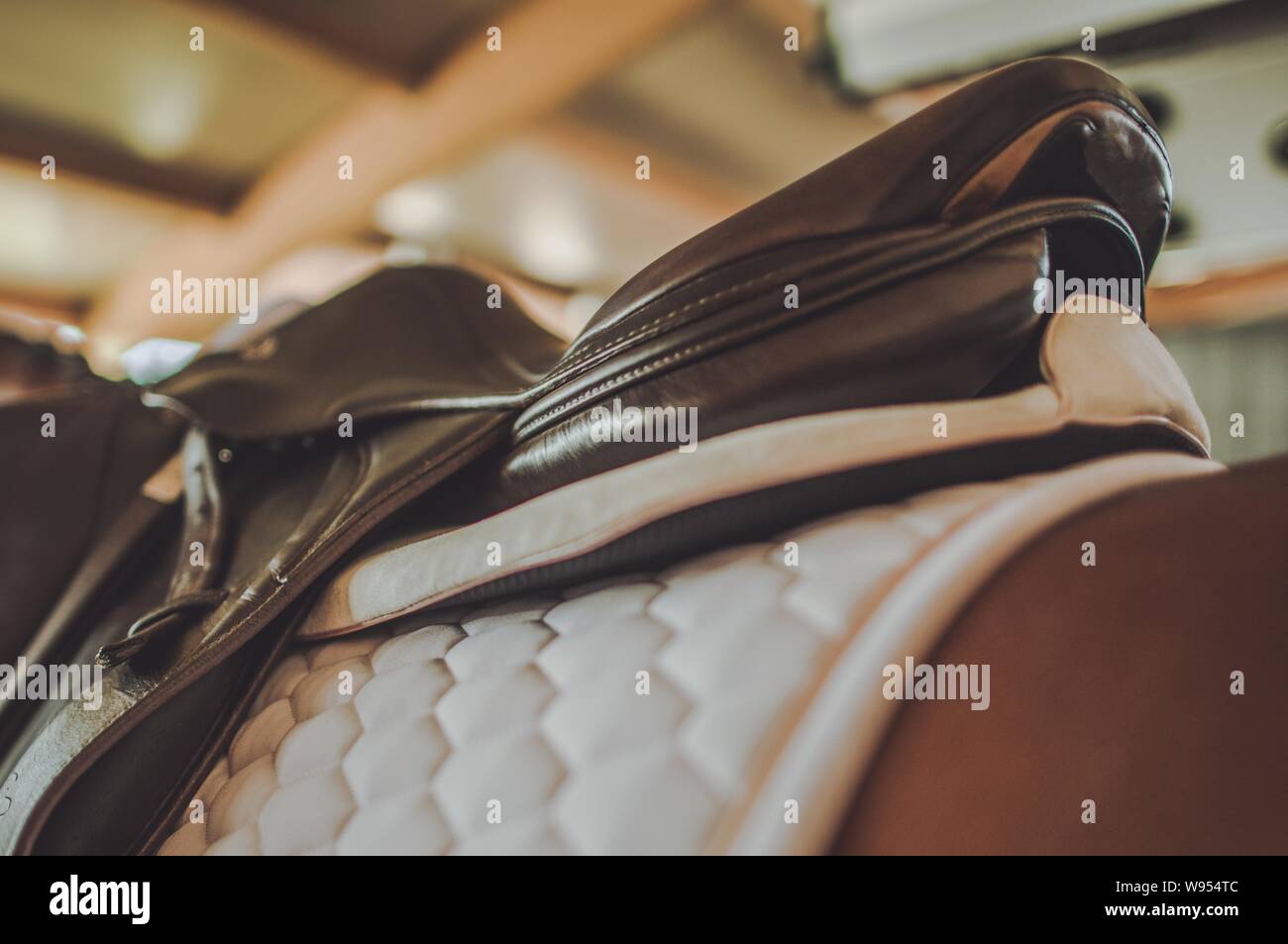 Equitazione attrezzatura. Elegante Sella e tampone bianco. Struttura equestre. Foto Stock