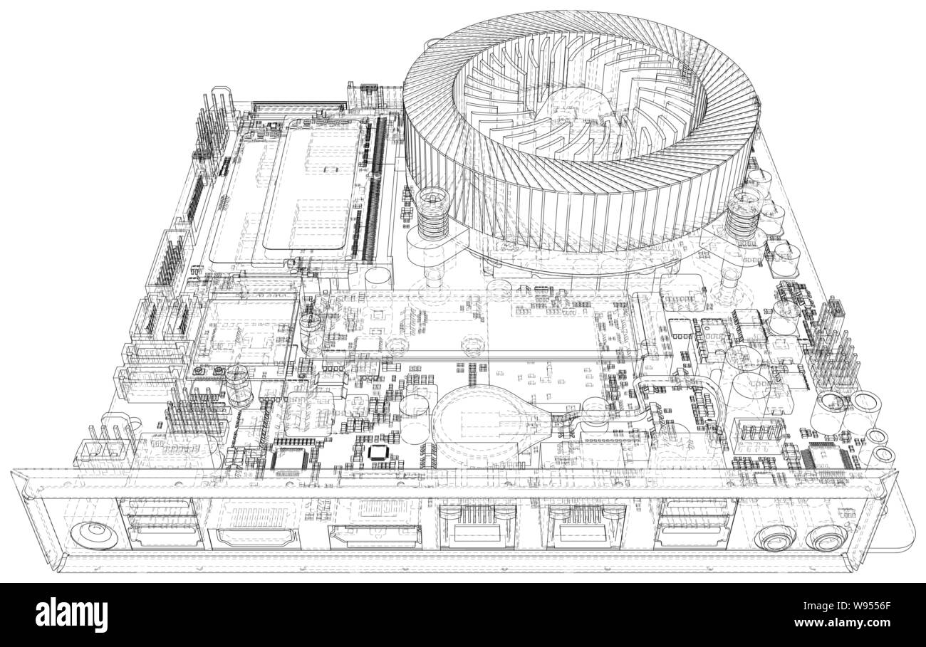 La scheda madre del computer. Scheda madre chip digitale. Vettore di rendering 3D Illustrazione Vettoriale