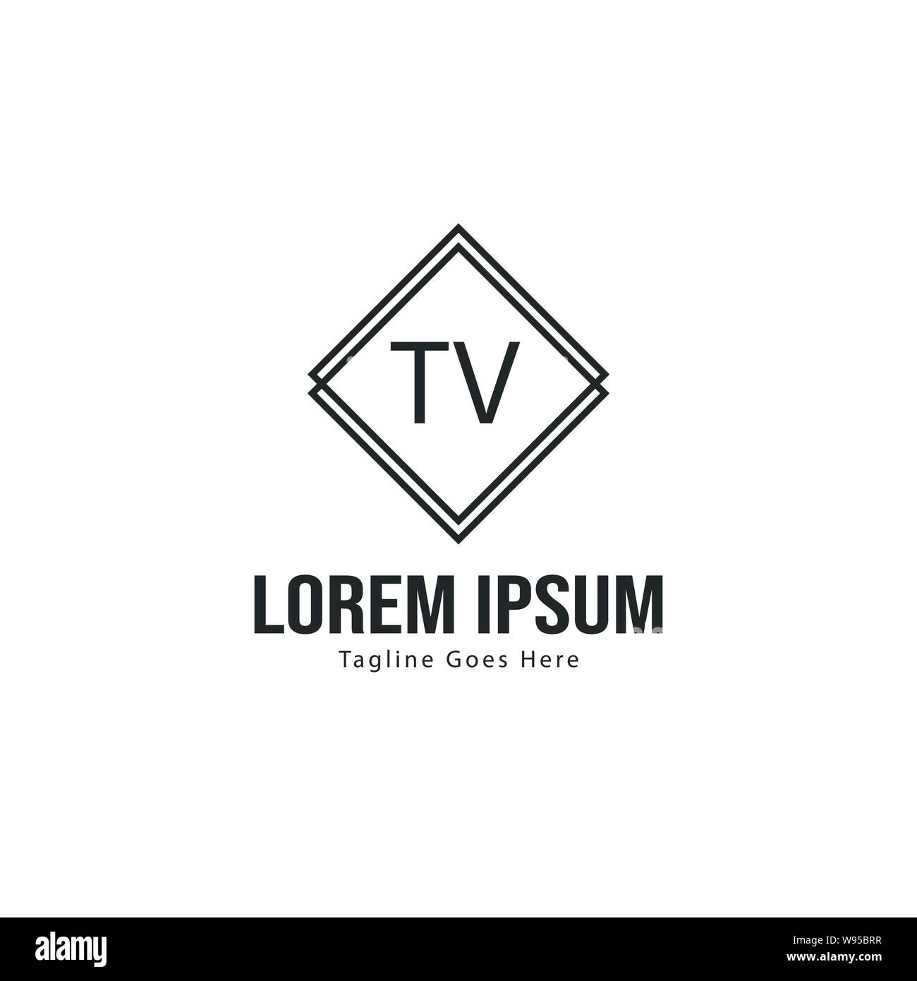 TV iniziale del modello di logo con cornice moderna. TV minimalista lettera logo illustrazione vettoriale design Illustrazione Vettoriale