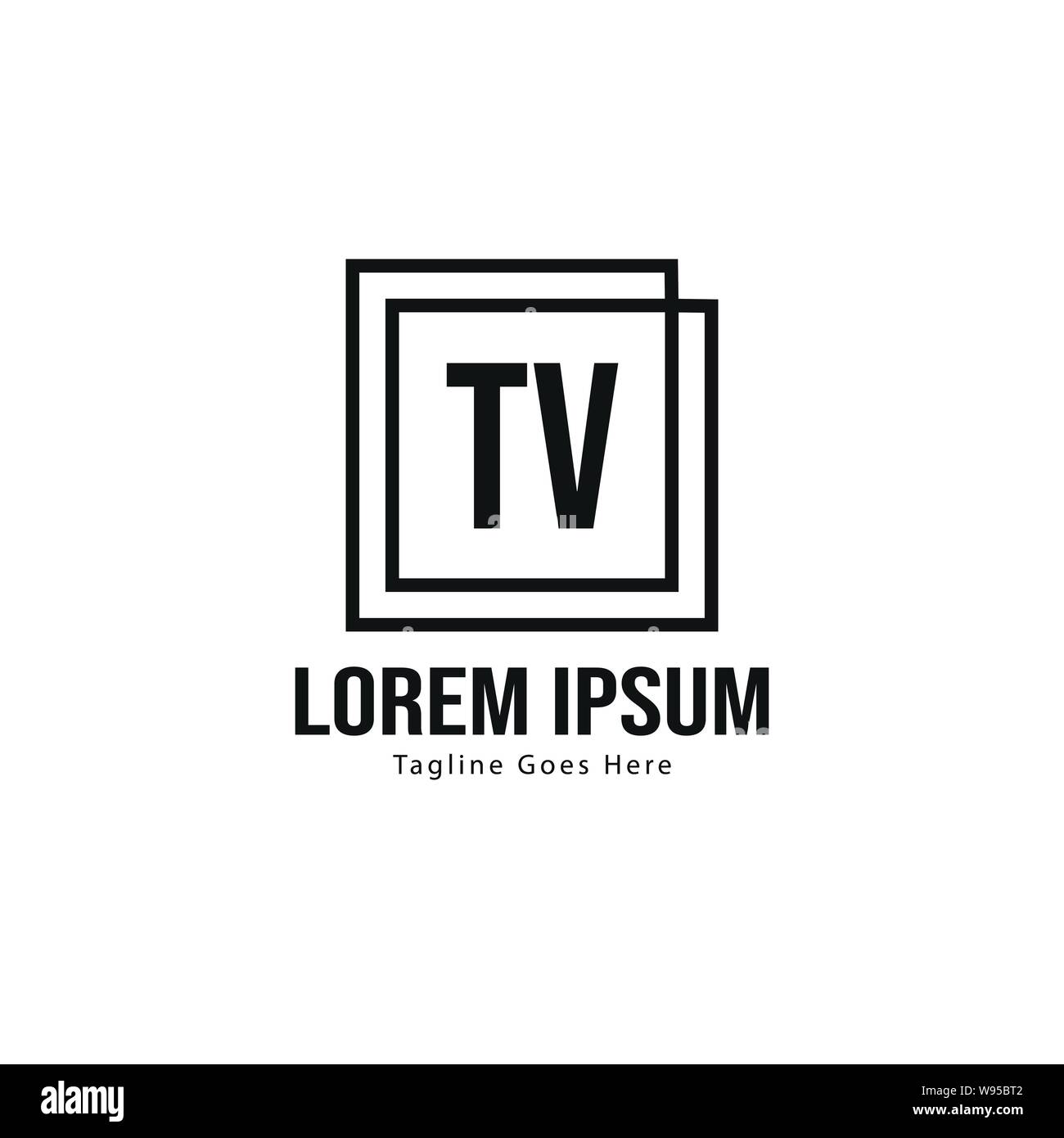 TV iniziale del modello di logo con cornice moderna. TV minimalista lettera logo illustrazione vettoriale design Illustrazione Vettoriale