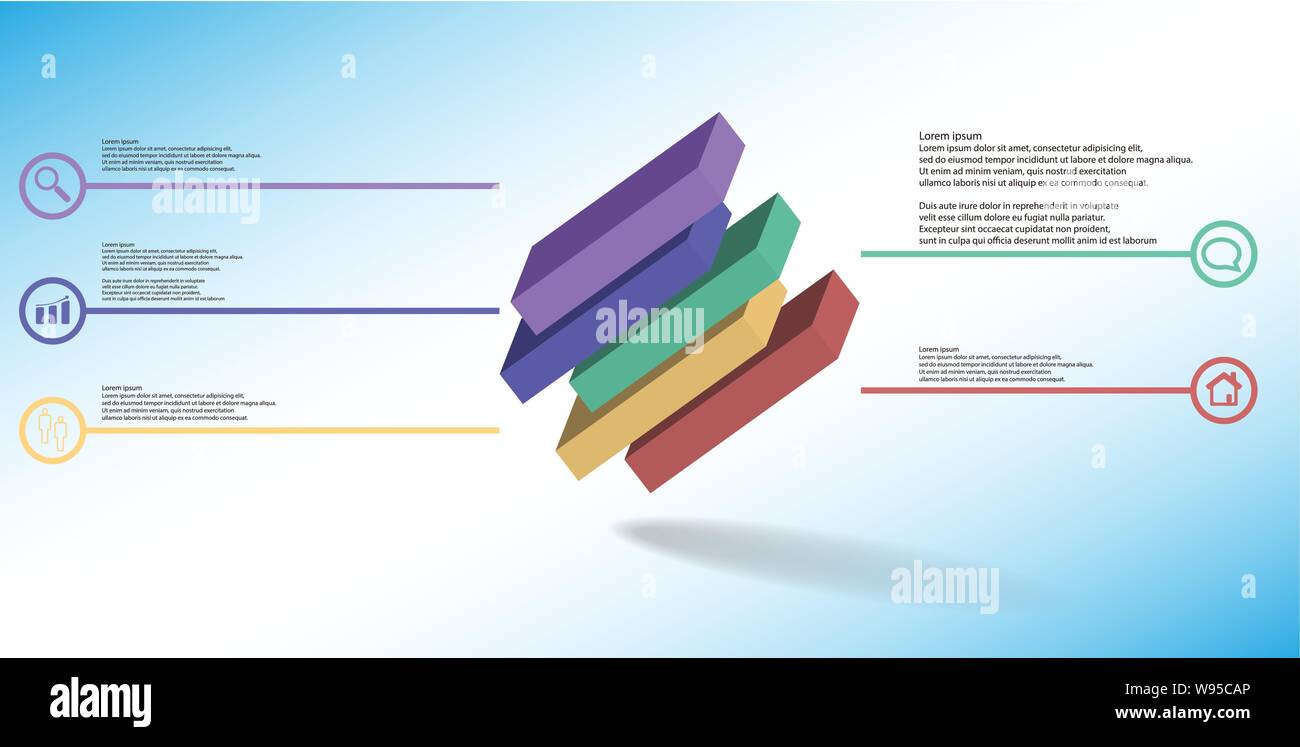 3D illustrazione modello infografico. Il cubo in rilievo è divisa orizzontalmente per cinque parti spostato. Scopo è di sbieco disposti su blu bianco backgrou Illustrazione Vettoriale