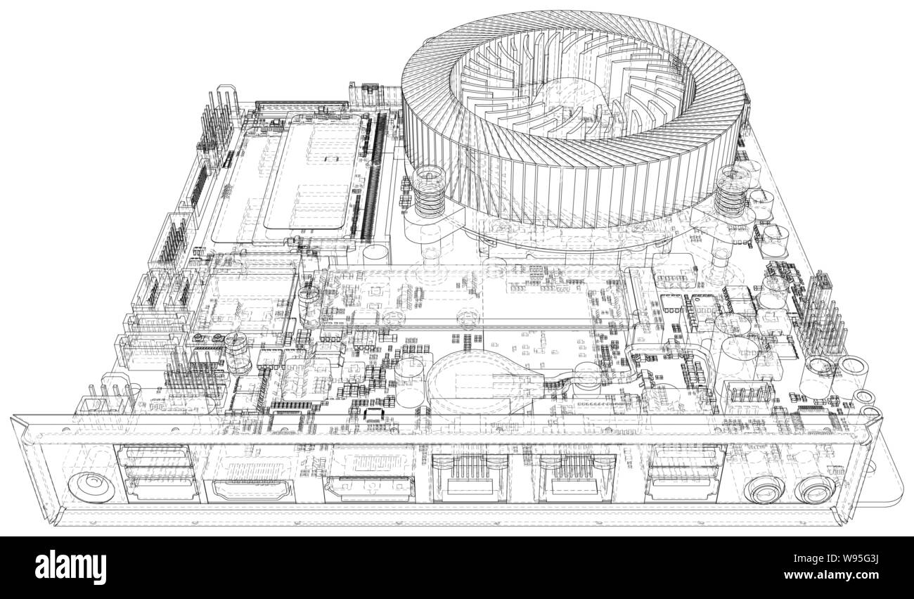 Sfondo tecnologico. CPU su una scheda madre su sfondo bianco. Illustrazione creata di 3d Illustrazione Vettoriale