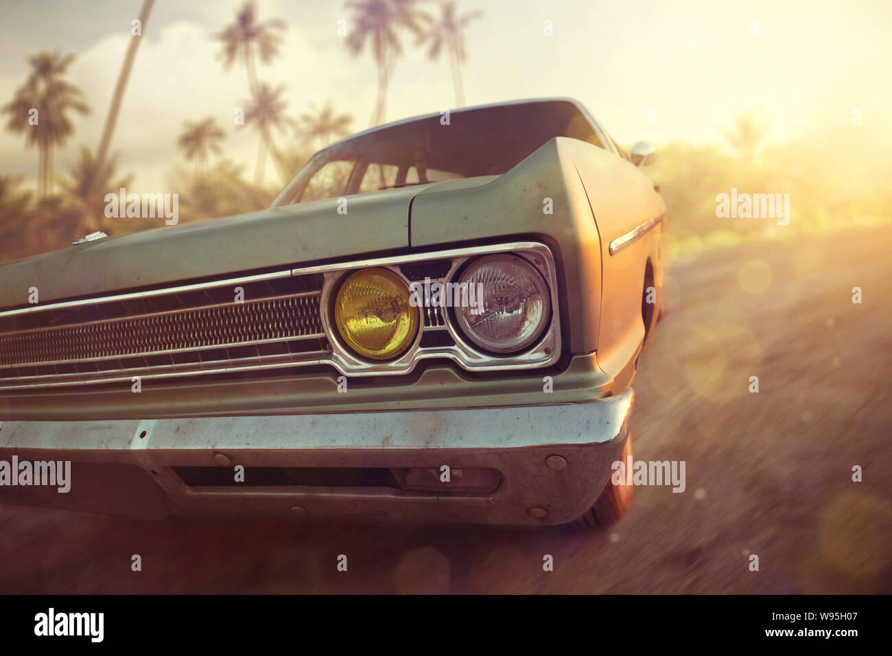 Vintage americano di auto e un tramonto tropicale Foto Stock