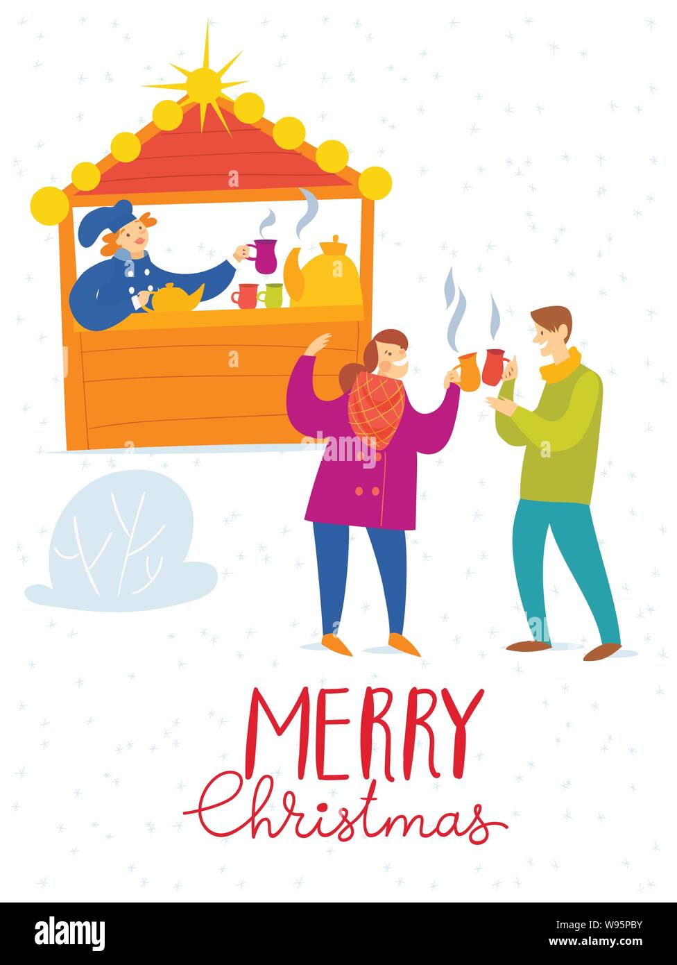 Buon Natale carta di vettore con acqua potabile la gente su un mercato di Natale Illustrazione Vettoriale