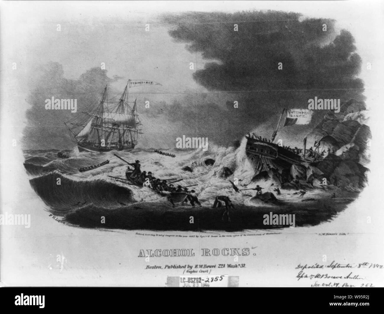Rocce di alcool Abstract: stampa mostra una nave battente bandiera di un marcato in piedi la temperanza offshore nel Mare mosso per aiutare a salvare i passeggeri di una nave che batte bandiera etichettato dissoluzione che ha distrutto sulle rocce della costa. Alcune imbarcazioni a remi sono diretti verso la nave di temperanza e uno è venuto a terra. Gli operatori di soccorso sulla riva sono tirando la gente dal mare e aiutando gli altri passeggeri salire a terra sulle rocce. Foto Stock