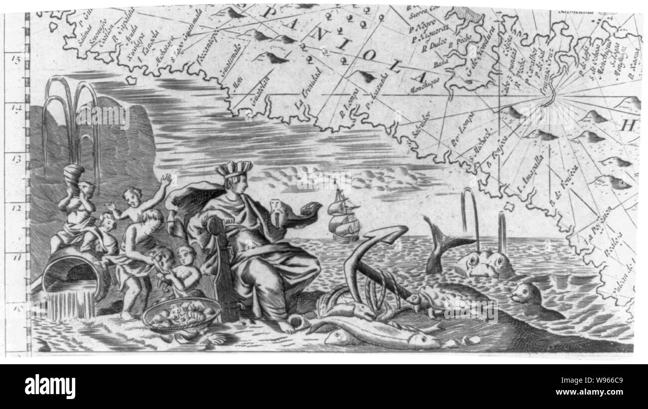 Cartiglio allegorico mostra America come terra dell'Abbondanza Foto Stock