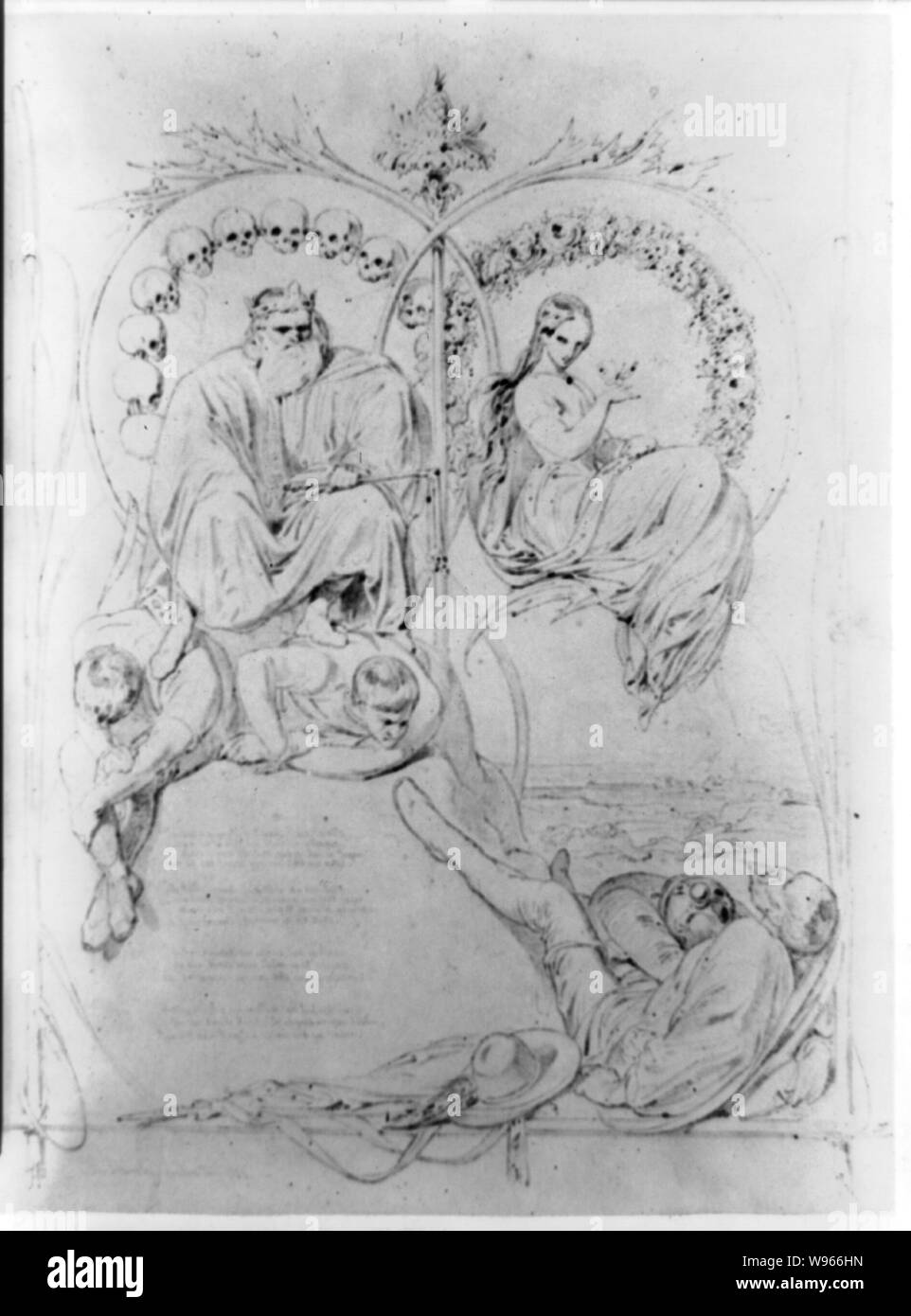 Immagine allegorica di un re circondata da teschi, una donna circondata da una ghirlanda, con tre uomini al di sotto di Foto Stock