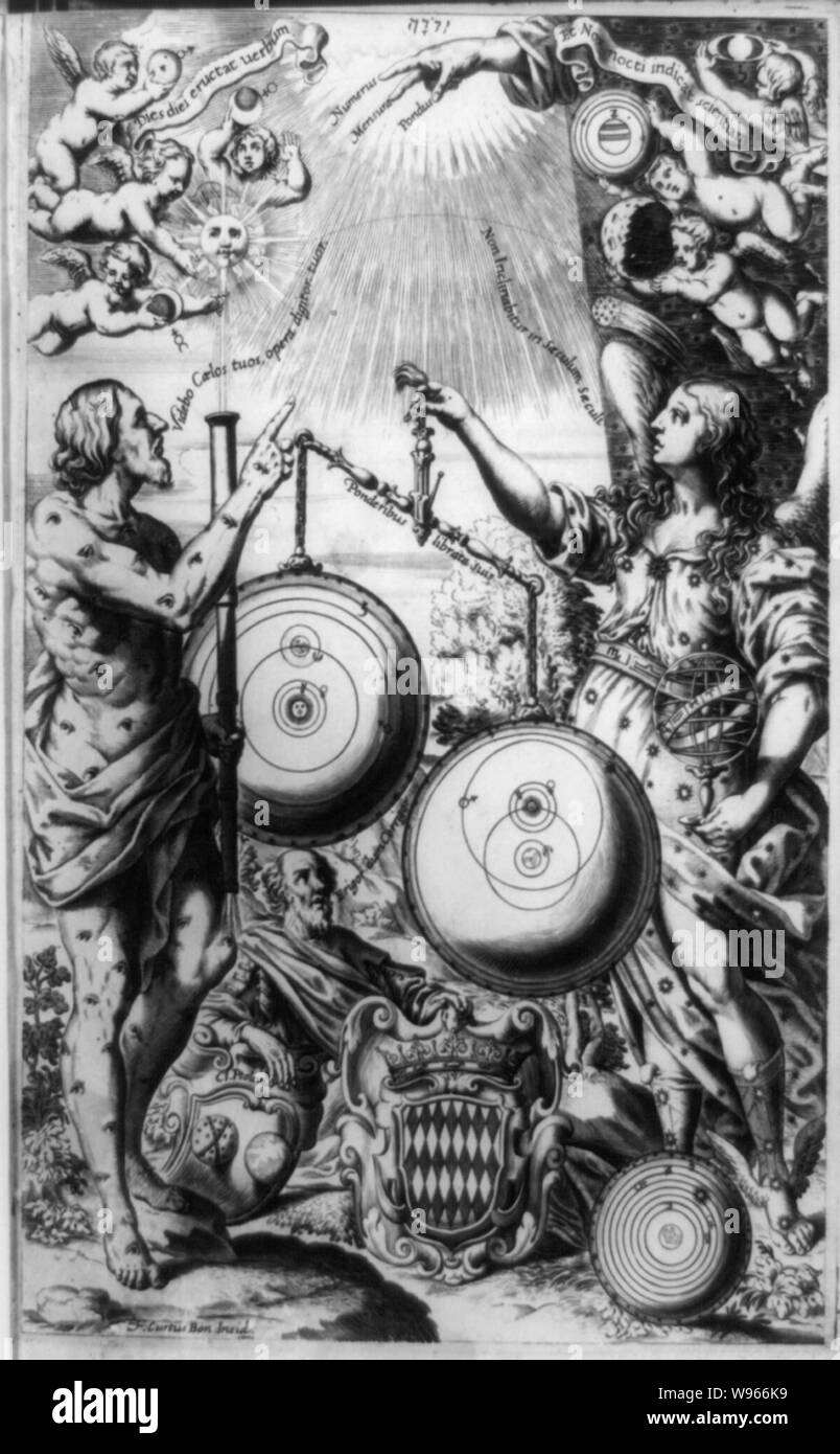 Scene allegoriche di tre persone con attrezzature di astronomia Foto Stock