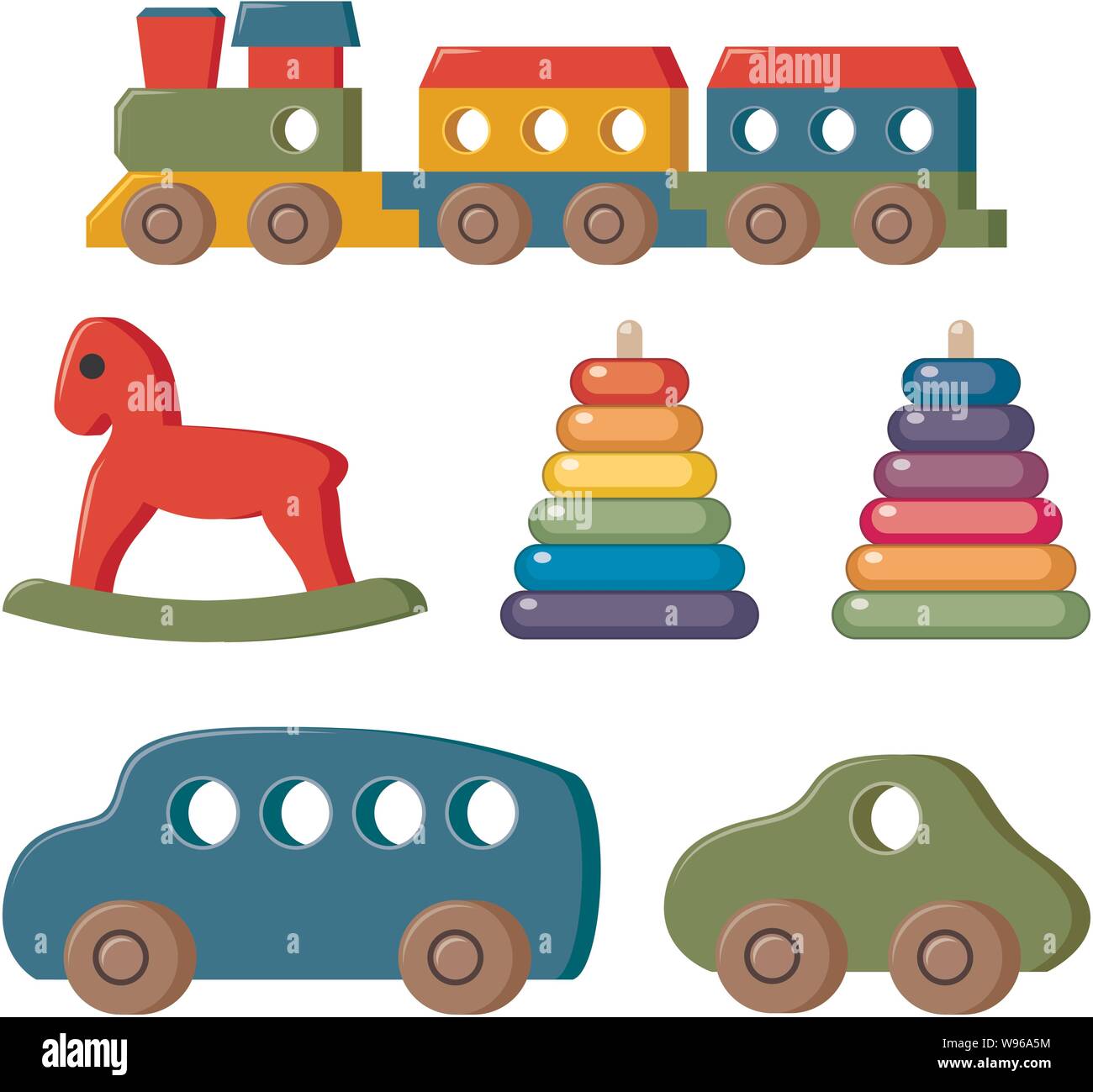 Set di vettore di giocattoli per bambini. collezione di giocattoli per bambini cartoni animati. icona piatto design per il gioco del gioco illustrazione Illustrazione Vettoriale