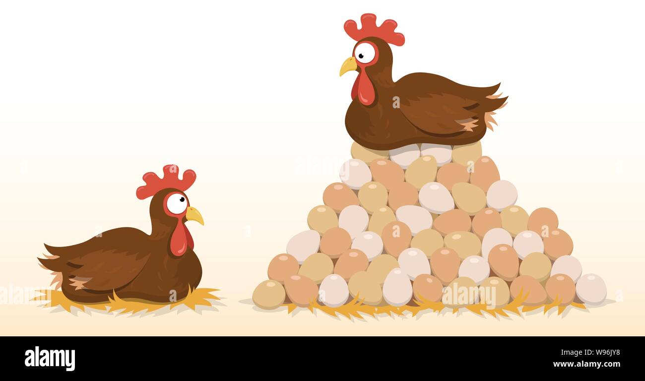 Pollo Cartoon sorge sulla sommità di un enorme pila di uova mentre guardando in giù su un meno pollo di successo Illustrazione Vettoriale
