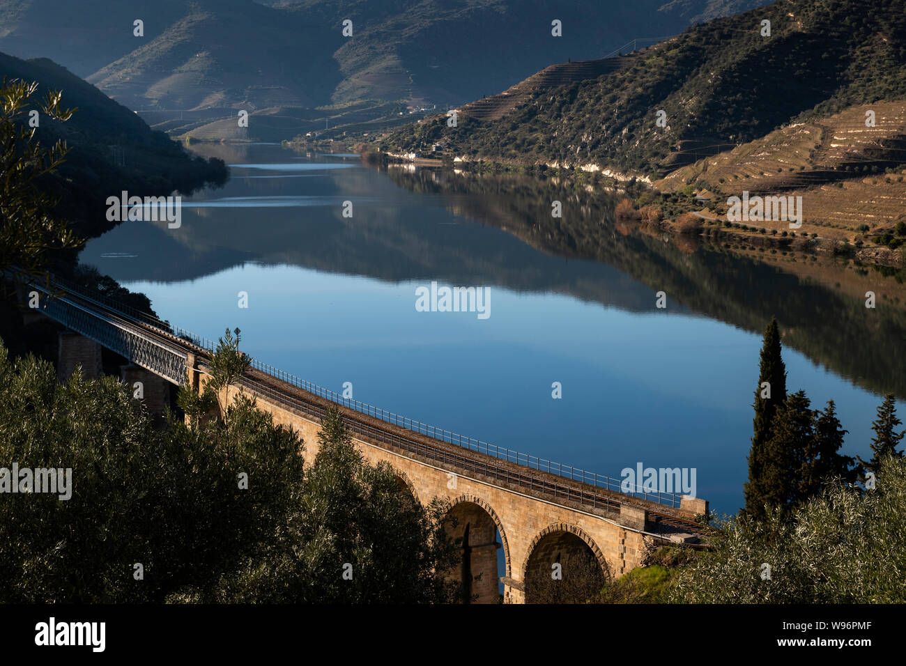 Vista panoramica del fiume Douro con vigneti terrazzati nei pressi del villaggio di Foz Coa, in Portogallo; concetto per il viaggio in Portogallo e più belle pla Foto Stock