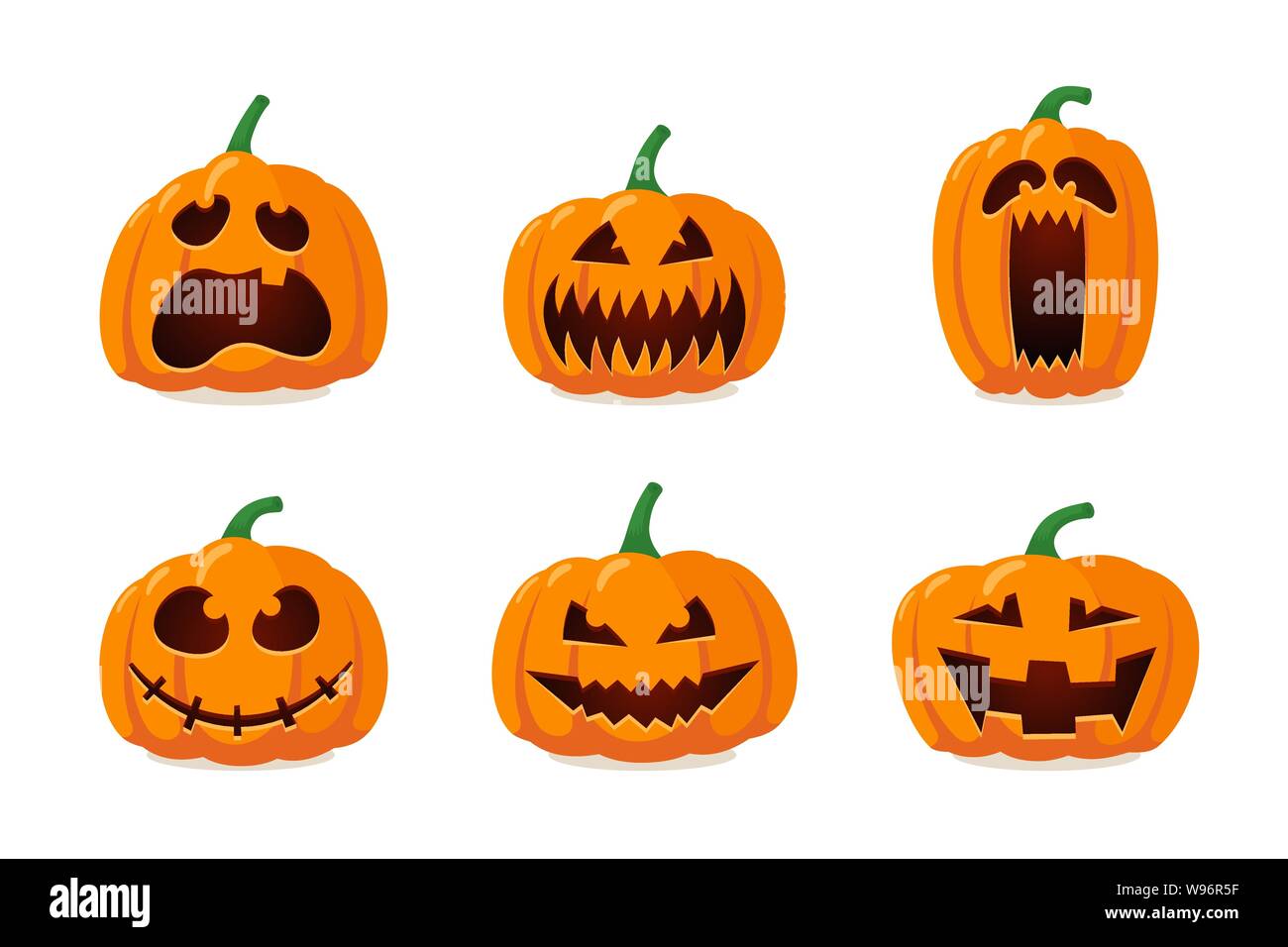 Halloween jack mostro lanterna zucca arancione scolpito incandescente faccia spaventosa set su sfondo bianco. Collezione di personaggi cartoni animati natalizi per il design festivo. Vettore male spooky illustrazione Illustrazione Vettoriale