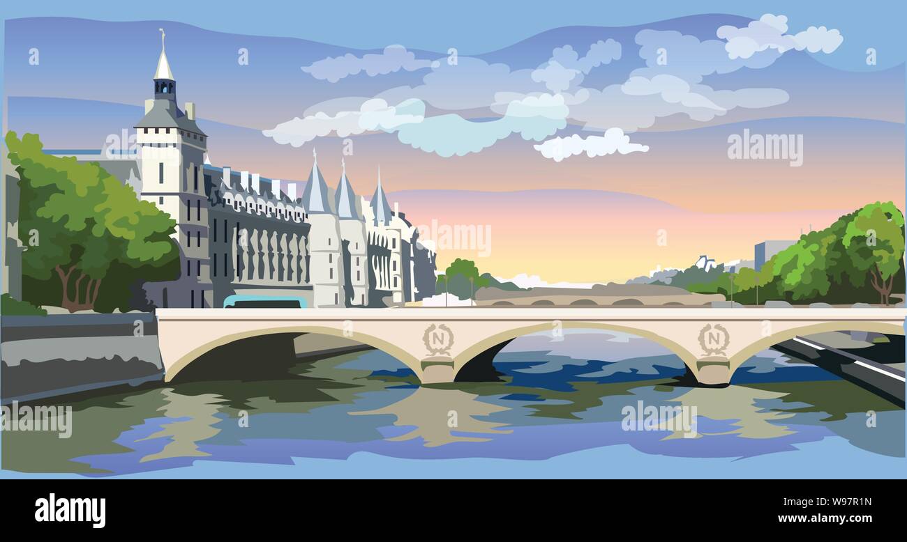 Colorata illustrazione vettoriale del castello di conciergerie, punto di riferimento di Parigi, Francia. Paesaggio panoramico con Conciergerie. Vettore colorati illustr Illustrazione Vettoriale