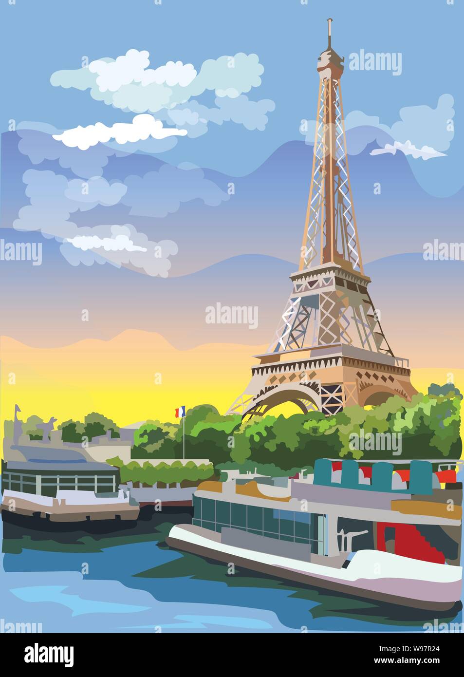Colorata illustrazione vettoriale della Torre Eiffel, un punto di riferimento di Parigi, Francia. Paesaggio con torre Eiffel, vista sul fiume Senna embankment. Vettore colorati Illustrazione Vettoriale