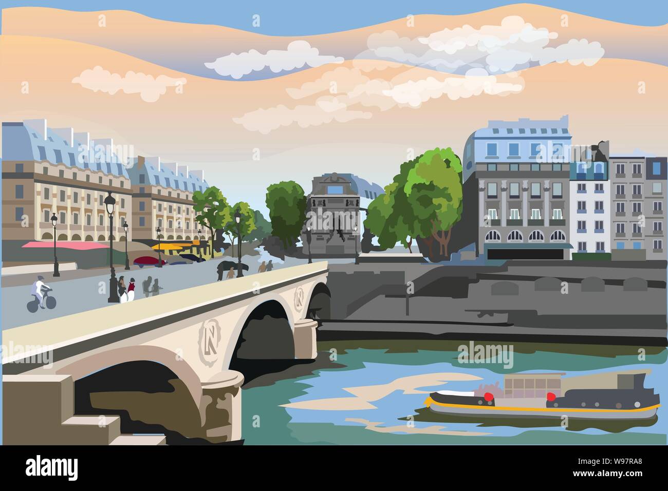 Colorata illustrazione vettoriale di Pont Saint Michel bridge, punto di riferimento di Parigi, Francia. Paesaggio con Saint Michel bridge e Paris street. Colorato vec Illustrazione Vettoriale