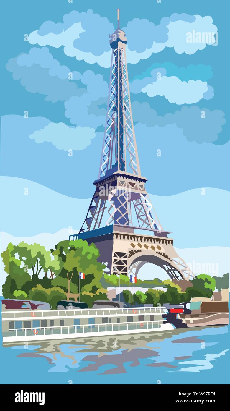 Colorata illustrazione vettoriale della Torre Eiffel, un punto di riferimento di Parigi, Francia. Paesaggio con torre Eiffel, vista sul fiume Senna embankment. Illustrazione Vettoriale