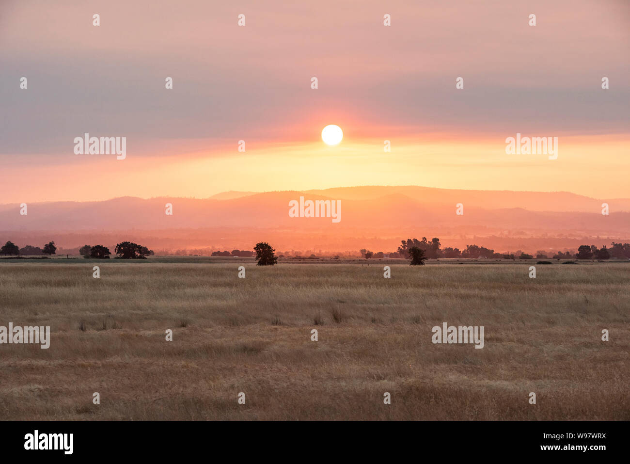 Il fumo proveniente da incendi colori sunrise su Sierra Nevada vicino a Palermo, California Foto Stock