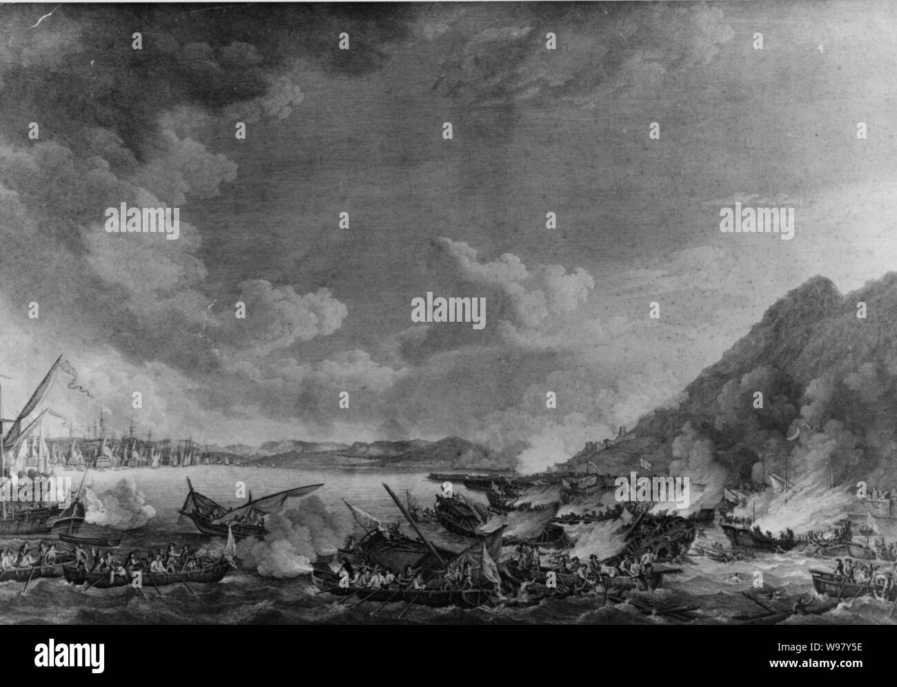 Distruzione di spagnolo batterie flottante durante il Grande Assedio di Gibilterra 1782. Foto Stock