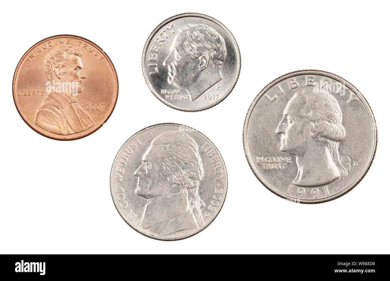I quattro più comunemente usato American monete. Un quarto, dime, nickle, e Penny isolato su uno sfondo bianco Foto Stock