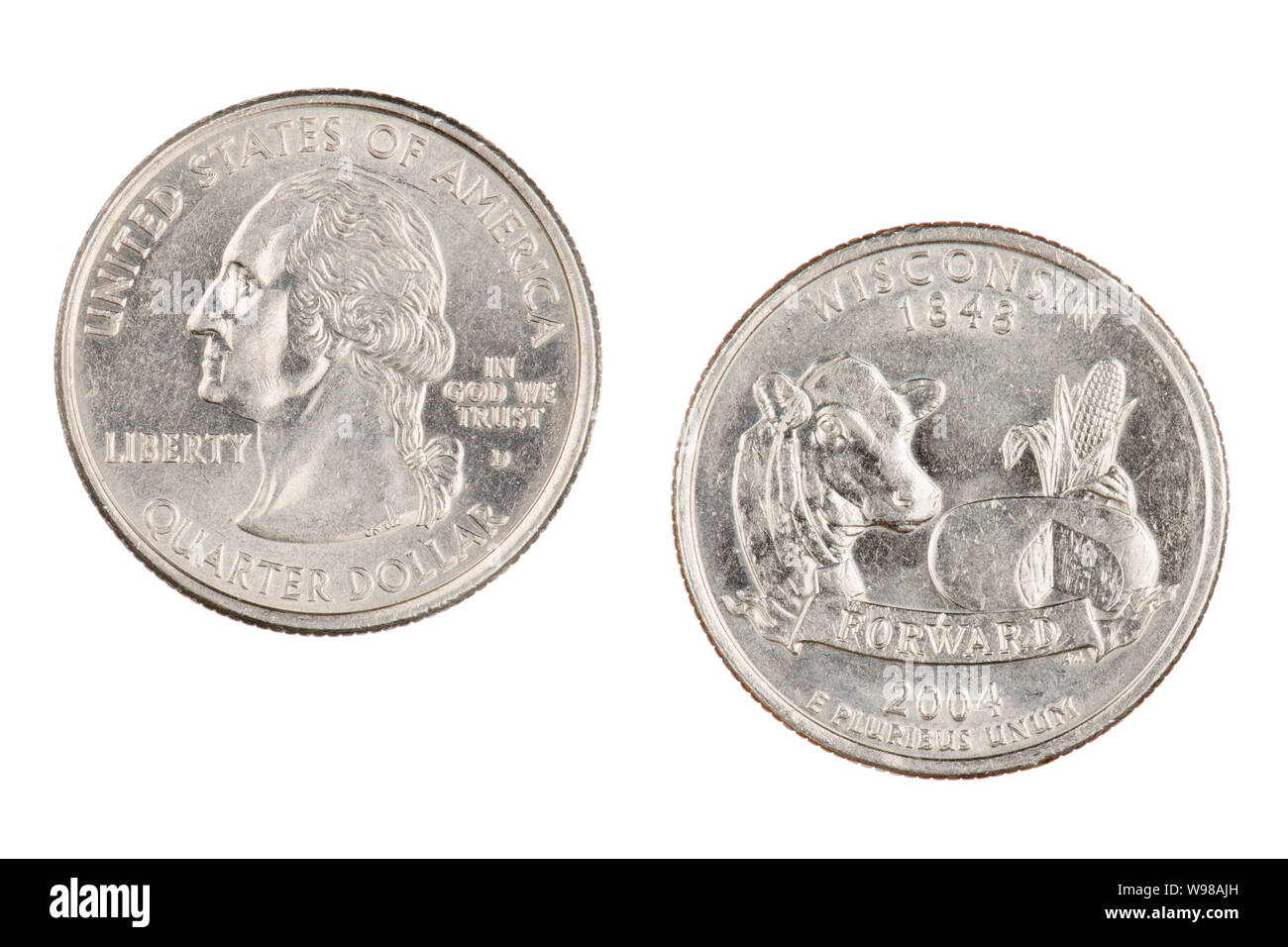 Complementare e il rovescio del Wisconsin 2004d Stato trimestre commemorativa isolato su uno sfondo bianco Foto Stock