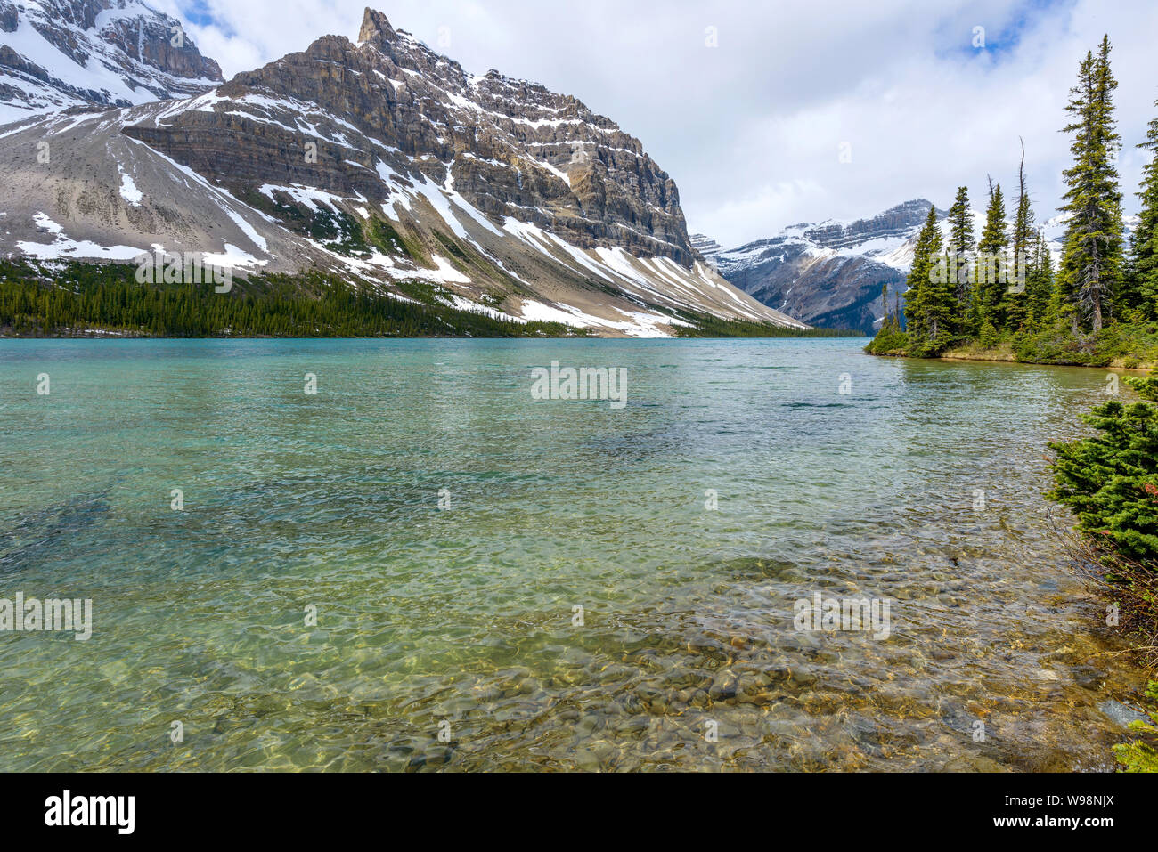 Bow Lake - Una vista della molla del cristallino e colorata al Lago Bow alla base della montagna Crowfoot, il Parco Nazionale di Banff, Alberta, Canada. Foto Stock