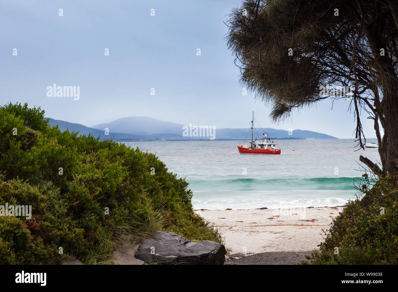 Ormeggiato appena fuori dalla spiaggia sabbiosa, il rosso scafo di una barca da pesca è un punto luminoso di colore su di una giornata nuvolosa. Foto Stock