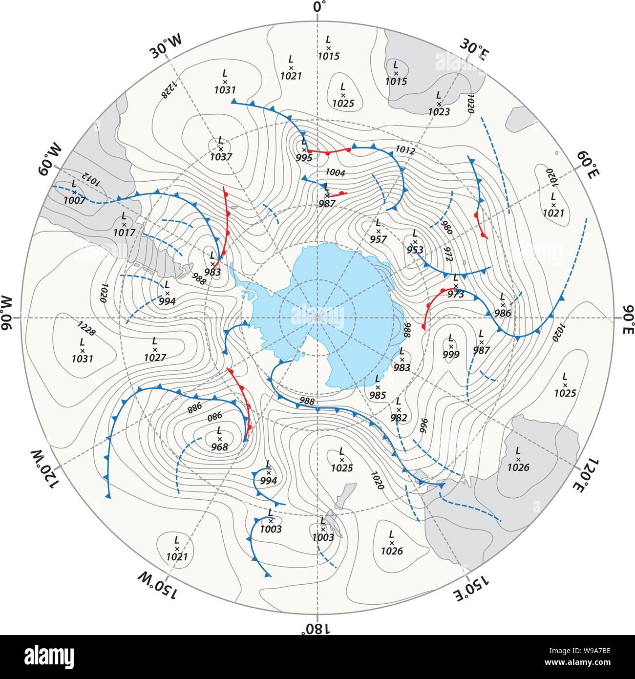 Imaginary mappa meteo Antartide con isobare e fronti meteo Illustrazione Vettoriale