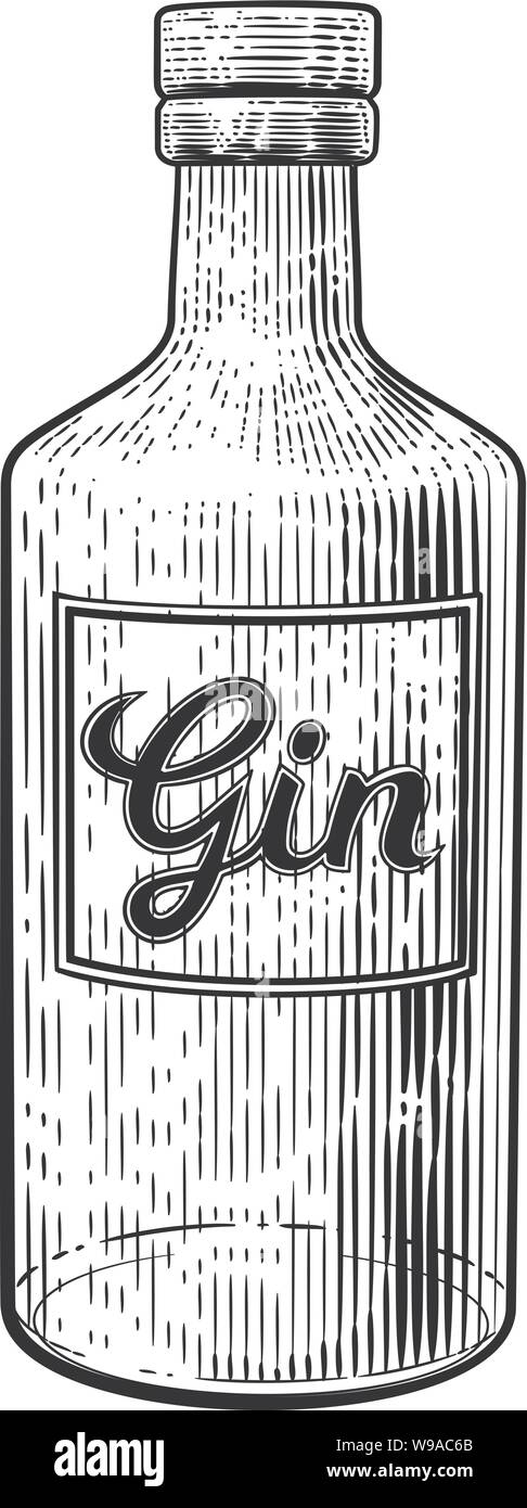 Il Gin bottiglia di vetro Vintage xilografia stile di attacco Illustrazione Vettoriale