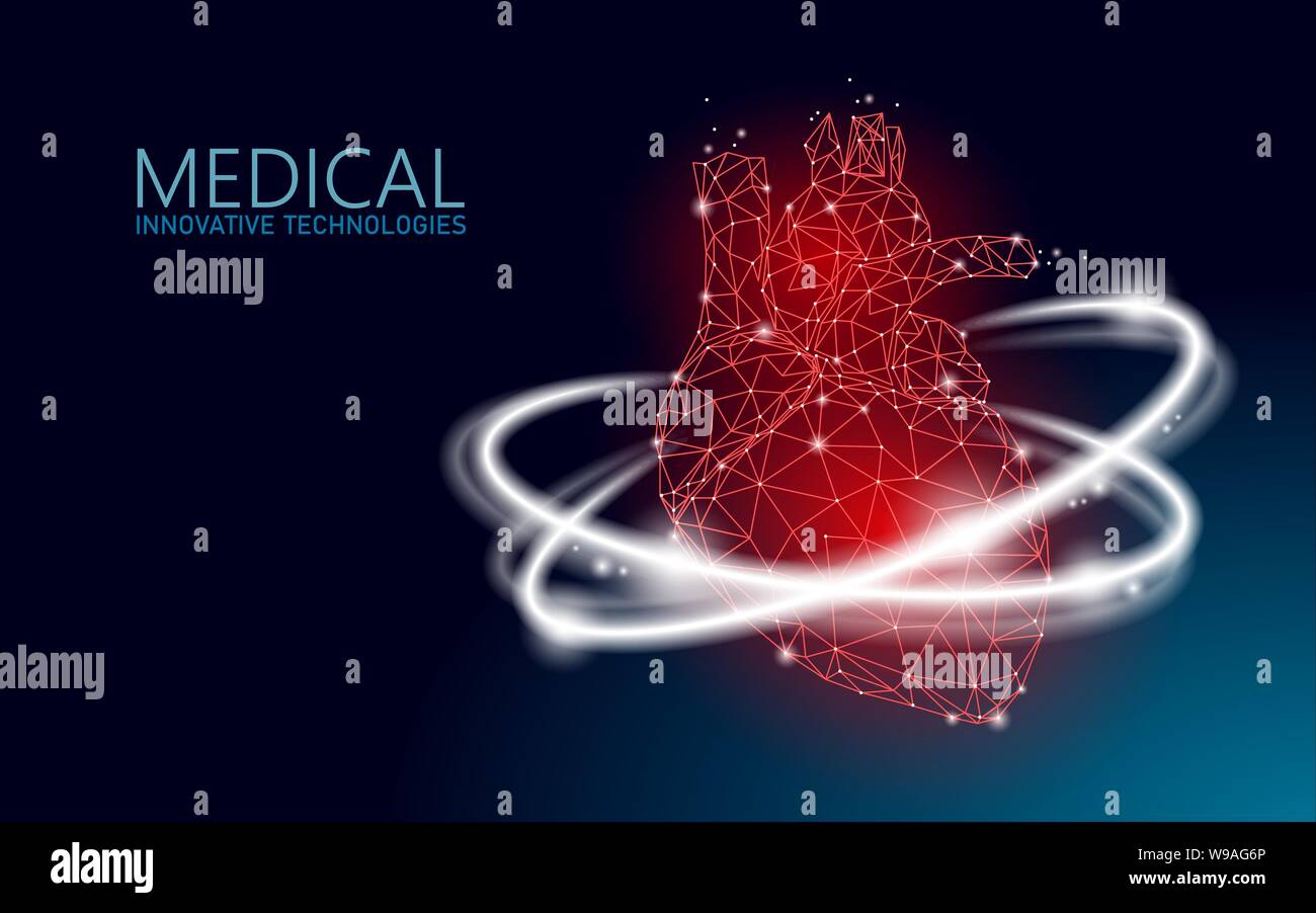 Totale del cuore sano picchia 3d bassa medicina poli concetto. Triangolo rosso farmacia farmacia in background. Frecce incandescente moderna tecnologia innovativa cuore Illustrazione Vettoriale