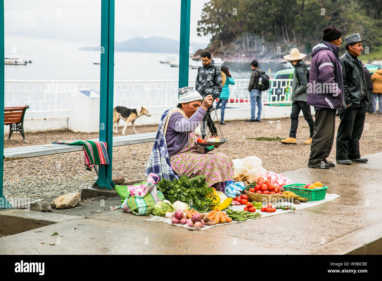 Tiquina, Bolivia - Jan 5, 2019: Unindentified donna in costume tradizionale vendere vegetabele sulla strada di Tiquina sul lago Titicaca, Bolivia. Foto Stock