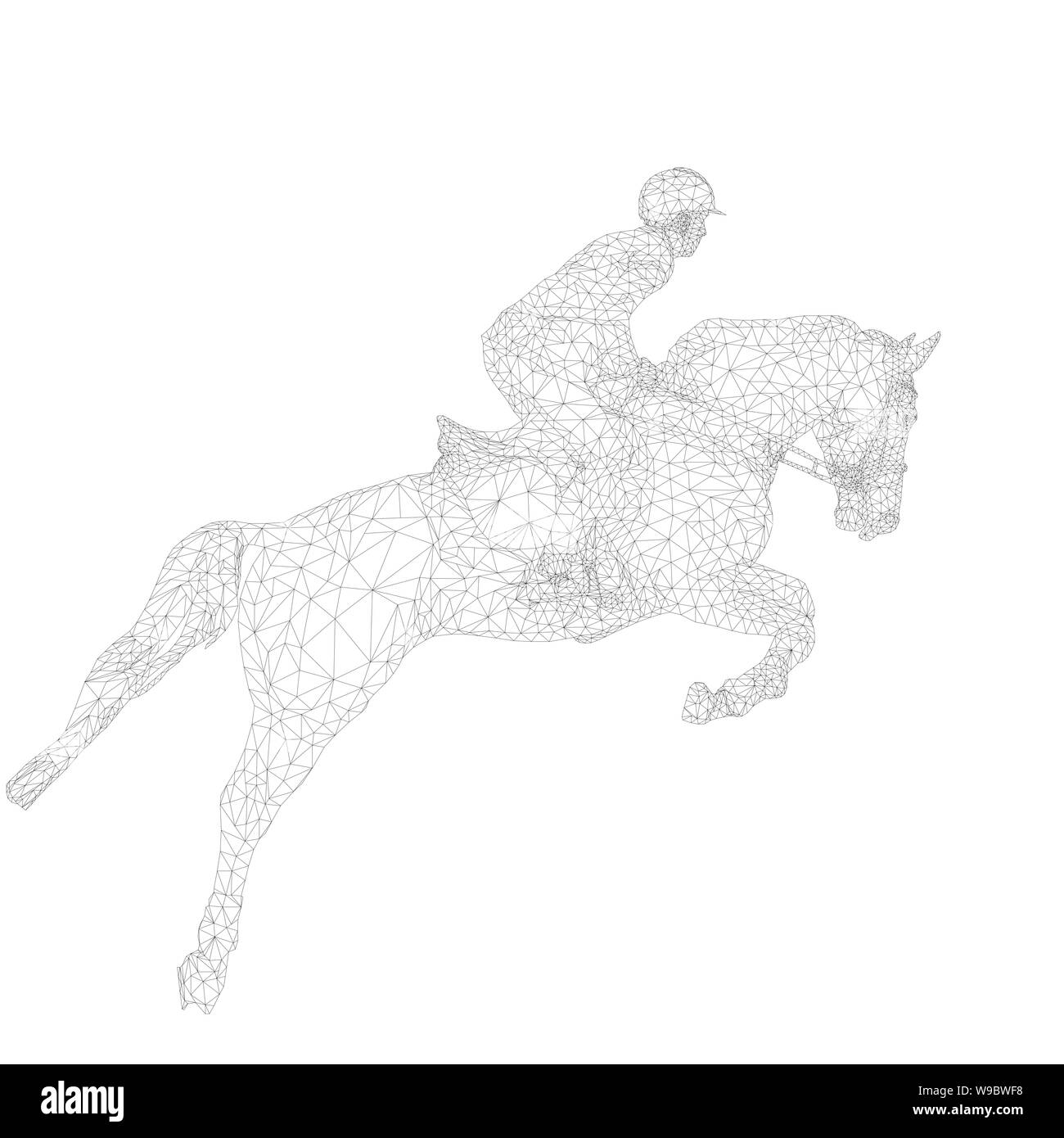 Sport Equestri cavaliere a cavallo di salto wireframe poligonale Foto Stock