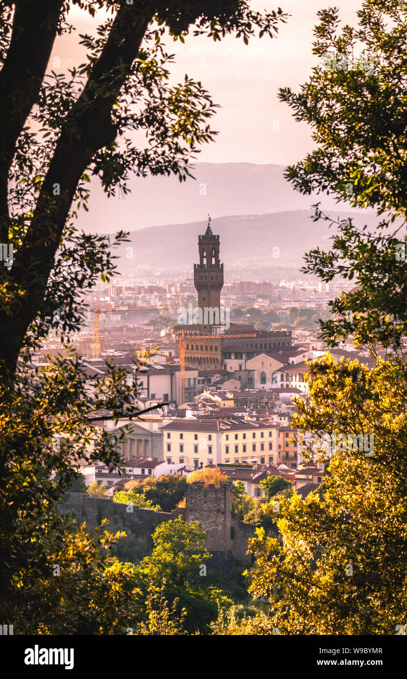 Attraverso gli alberi sulla periferia di Firenze Palazzo Vecchio si eleva alto sopra la città vecchia. Foto Stock