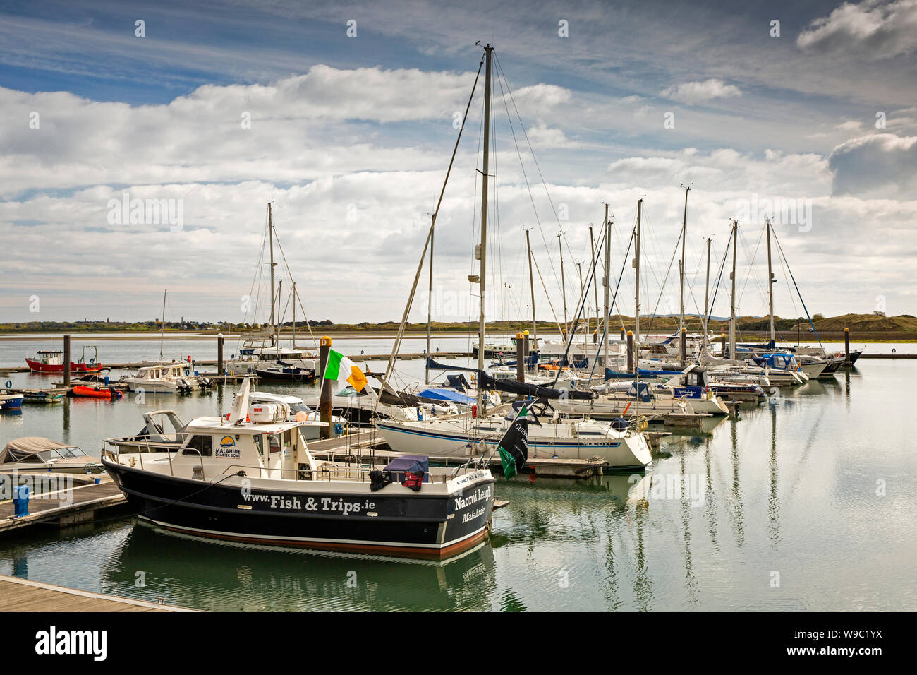 In Irlanda, il Leinster, Fingal, Co Dublin, Malahide, Marina, tempo libero e viaggi di pesca barche ormeggiate a Pontoon Foto Stock