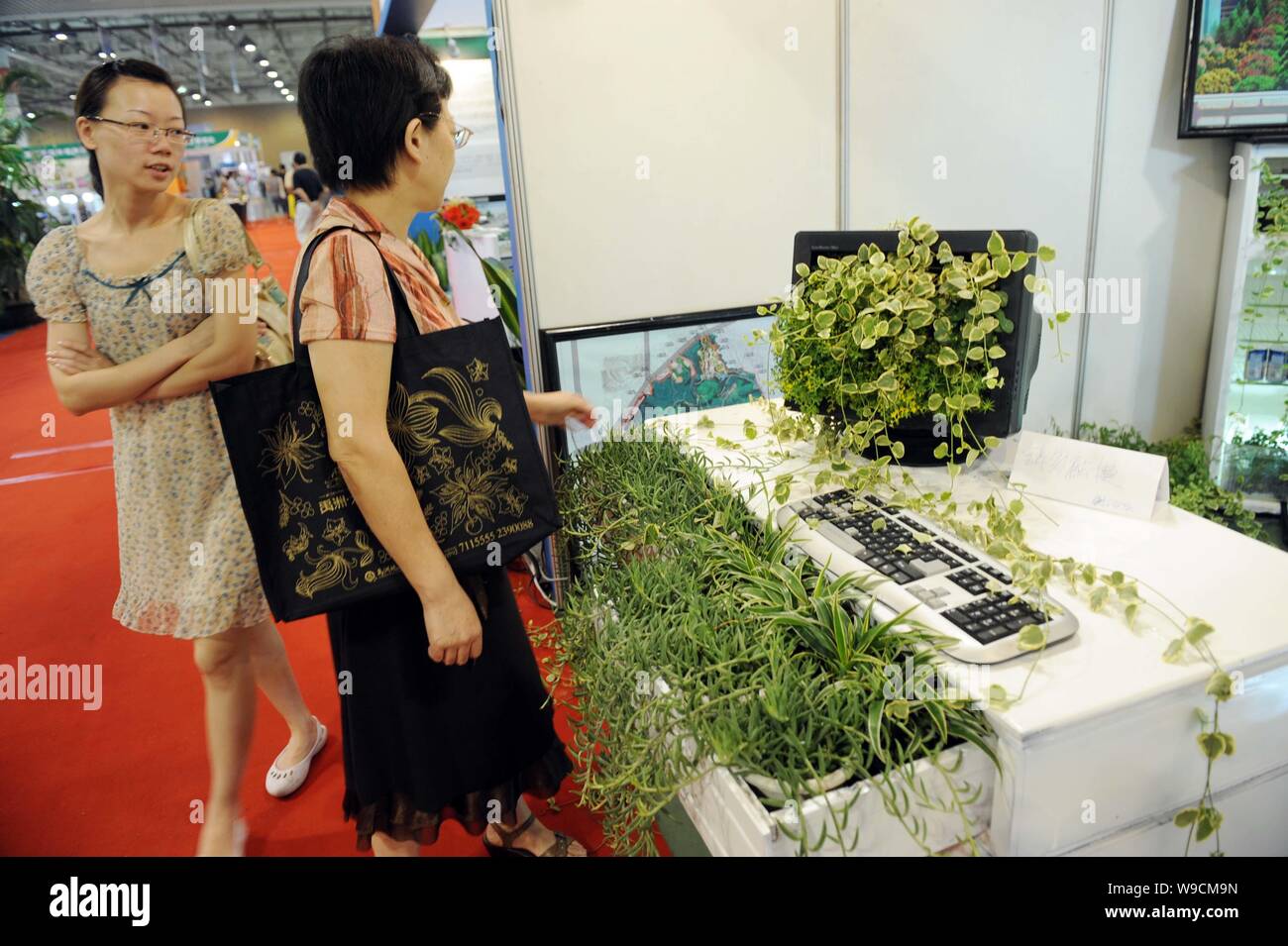 I visitatori guardano al green presenta durante un risparmio energetico mostra a Xiamen, sudest Chinas provincia del Fujian, Giugno 6, 2009. Americhe portando clima Foto Stock