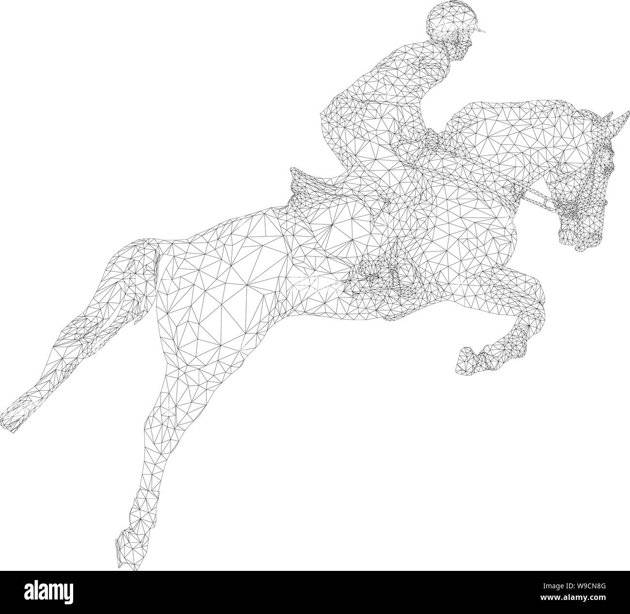 Sport Equestri cavaliere a cavallo di salto wireframe poligonale Illustrazione Vettoriale
